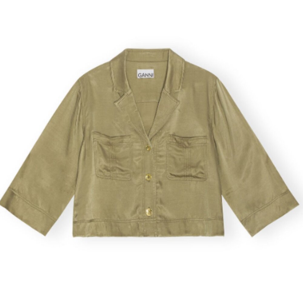 NWOT GANNI Washed Satin Crop Shirt $275 Olive Green EU 44 US 14